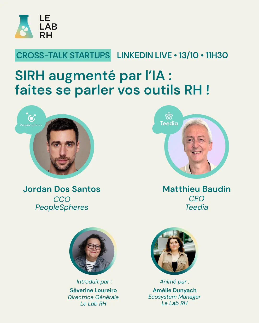 Cross-Talk Startups du Lab RH, LinkedIn Live du 13 octobre 2026 à 11 h 30 : Jordan Dos Santos (PeopleSpheres) et Matthieu Baudin (Teedia), introduit par Séverine Loureiro et animé par Amélie Dunyach