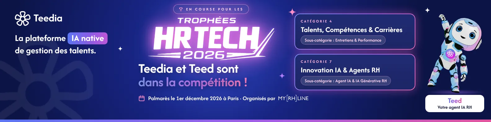 Bannière Teedia : Teedia et Teed dans la compétition des Trophées HR Tech 2026, catégories 4 et 7
