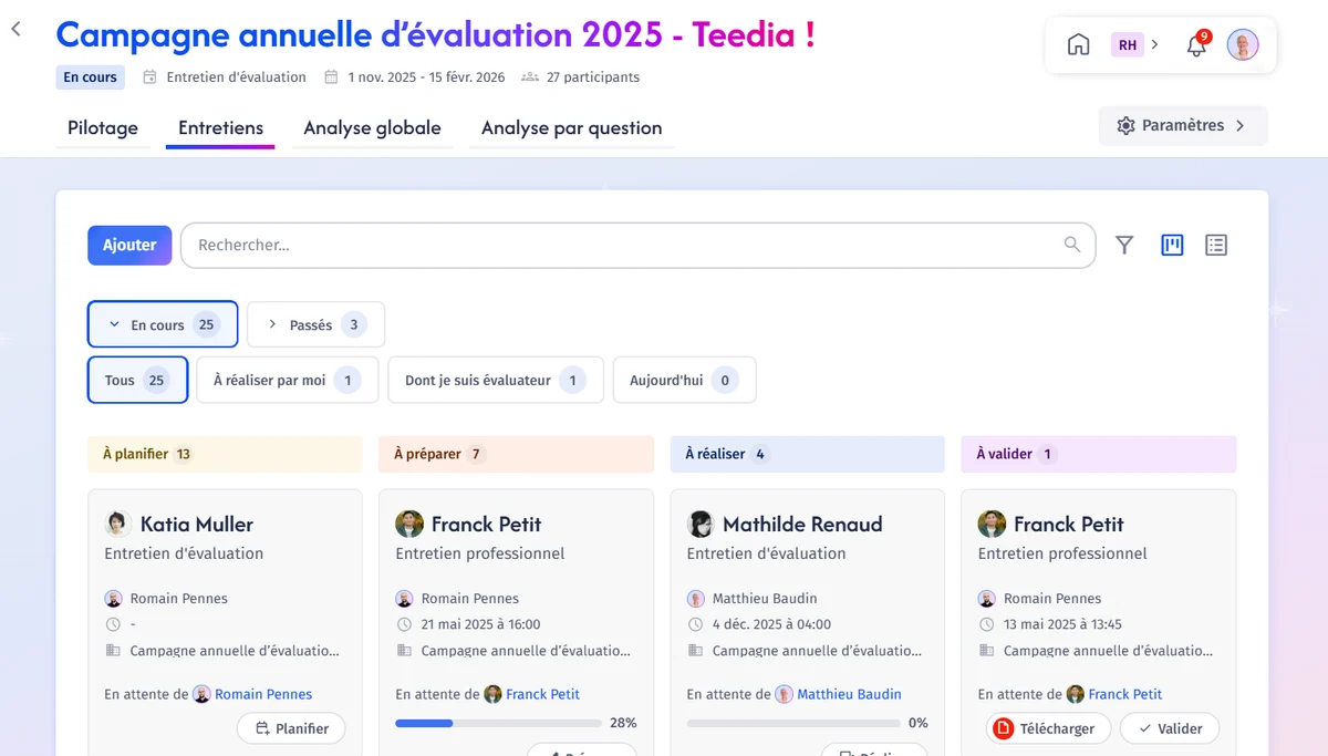 Logiciel de gestion des entretiens Teedia : vue d'une campagne d'entretiens annuels
