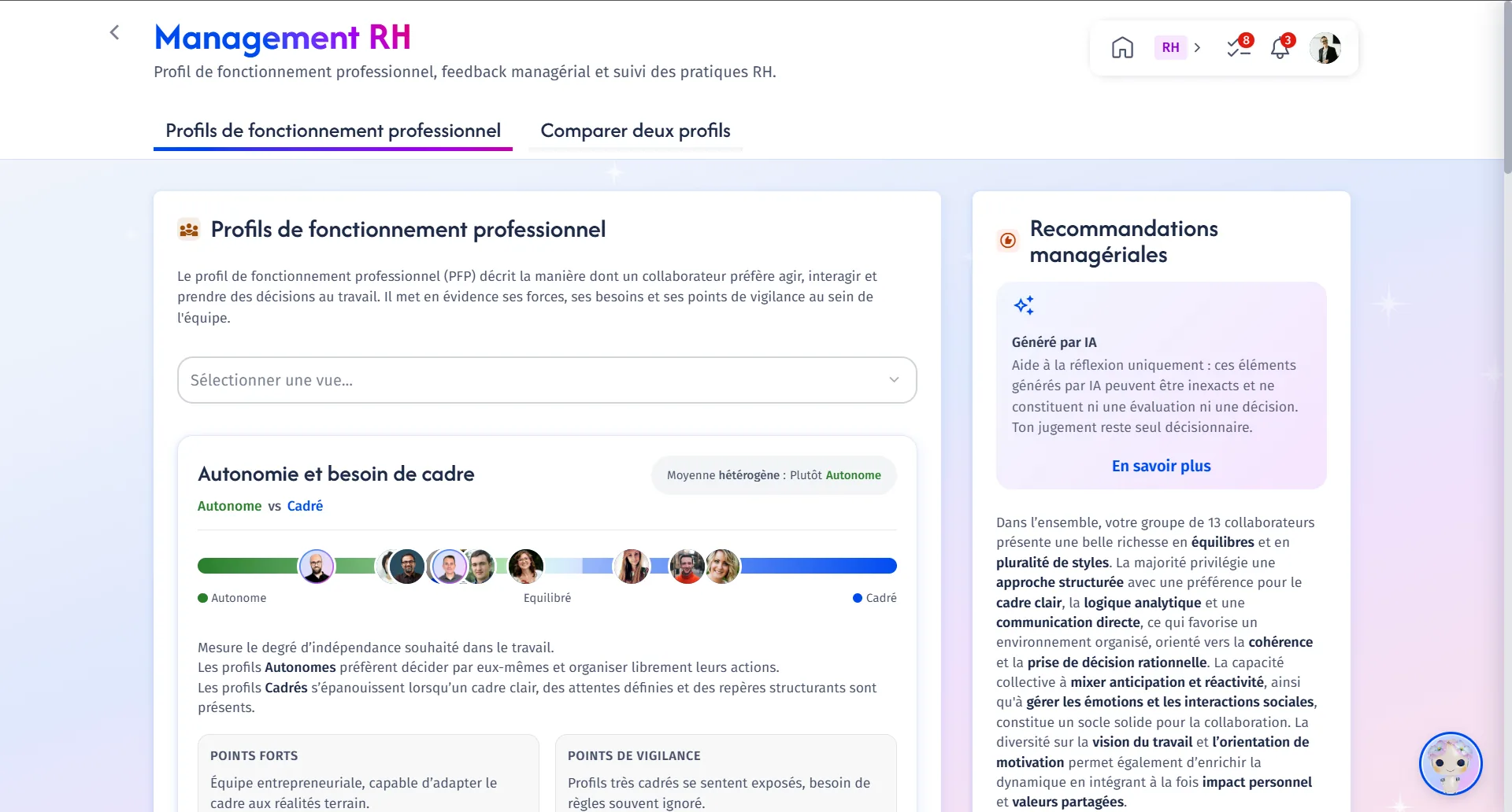 Vue d'équipe du module Management RH : positionnement de chaque collaborateur sur l'axe autonomie et besoin de cadre, avec recommandations managériales