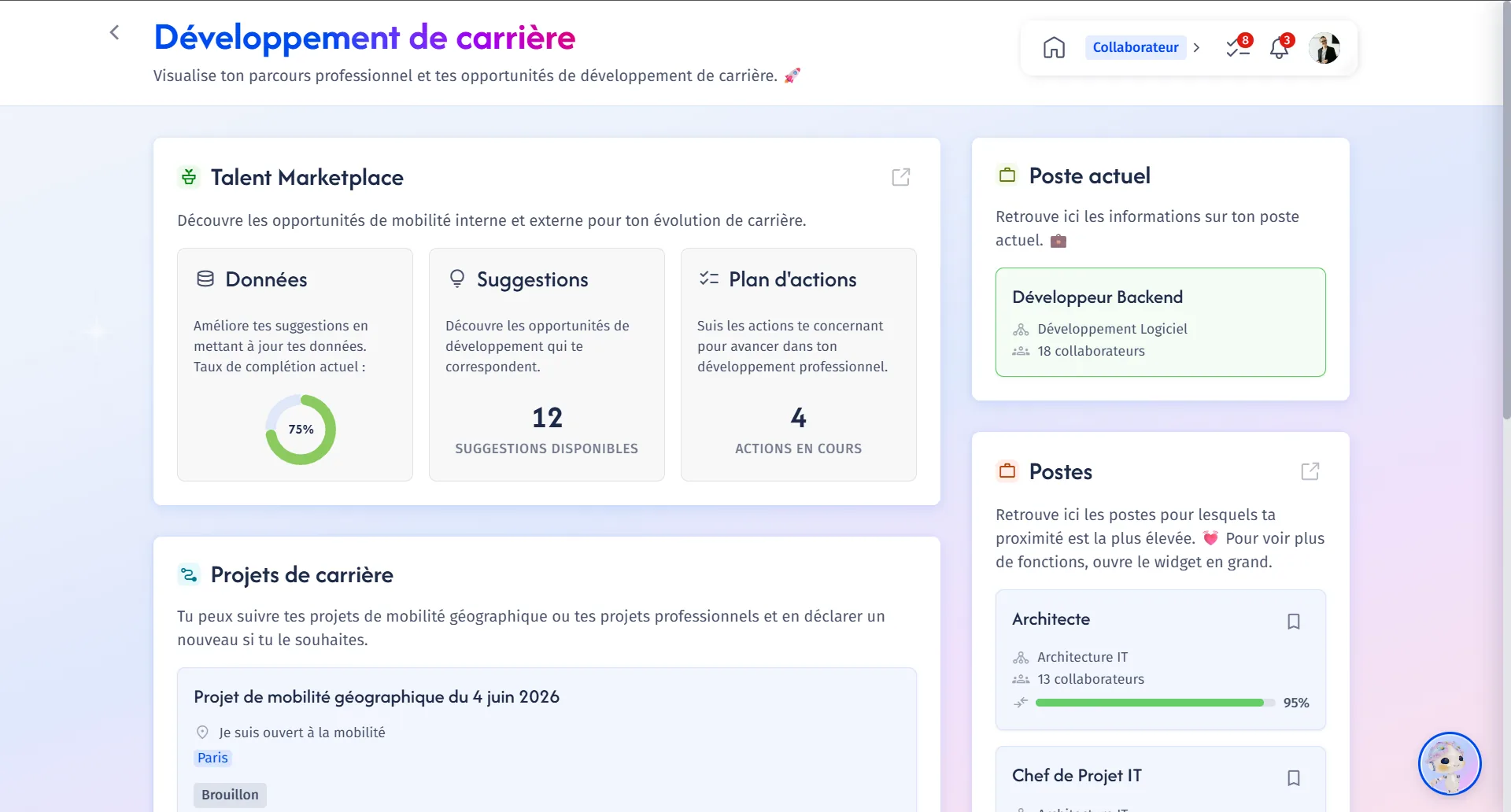 Tableau de bord développement de carrière dans la talent marketplace Teedia : données du profil, suggestions, postes et projets de mobilité